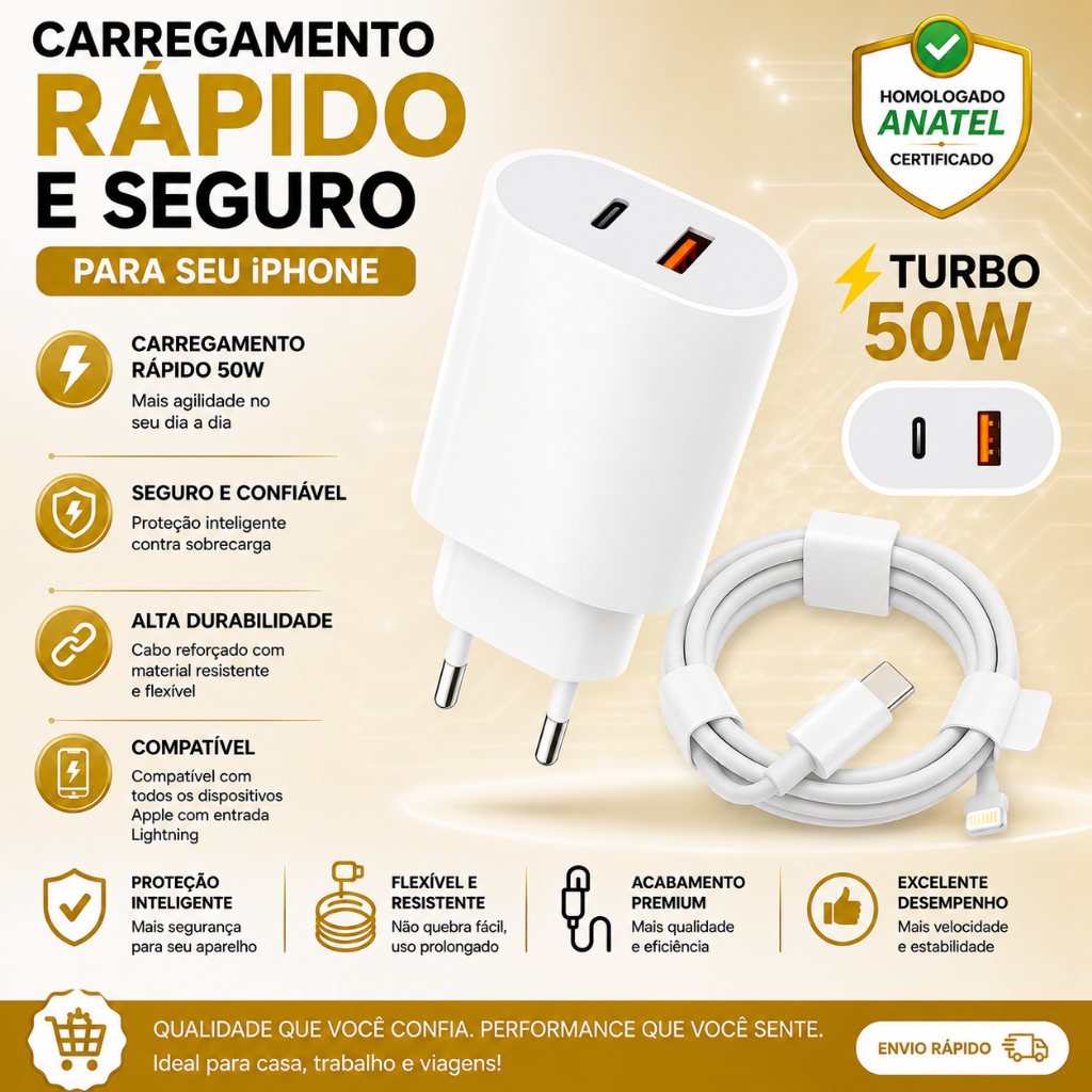 Carregador Turbo 50W iPhone USB-C + Cabo Lightning Carga Rápida Compatível Apple Super Rápido