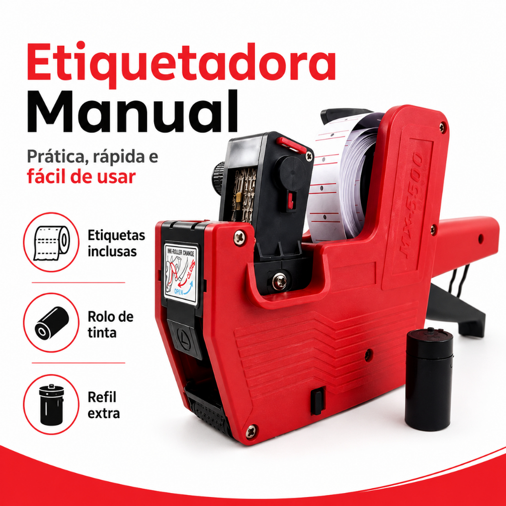 Etiquetadora Manual de Preços com Etiquetas, Rolo de Tinta e Refil Extra, Ideal para Lojas, Estoque, Papelaria e Organiz