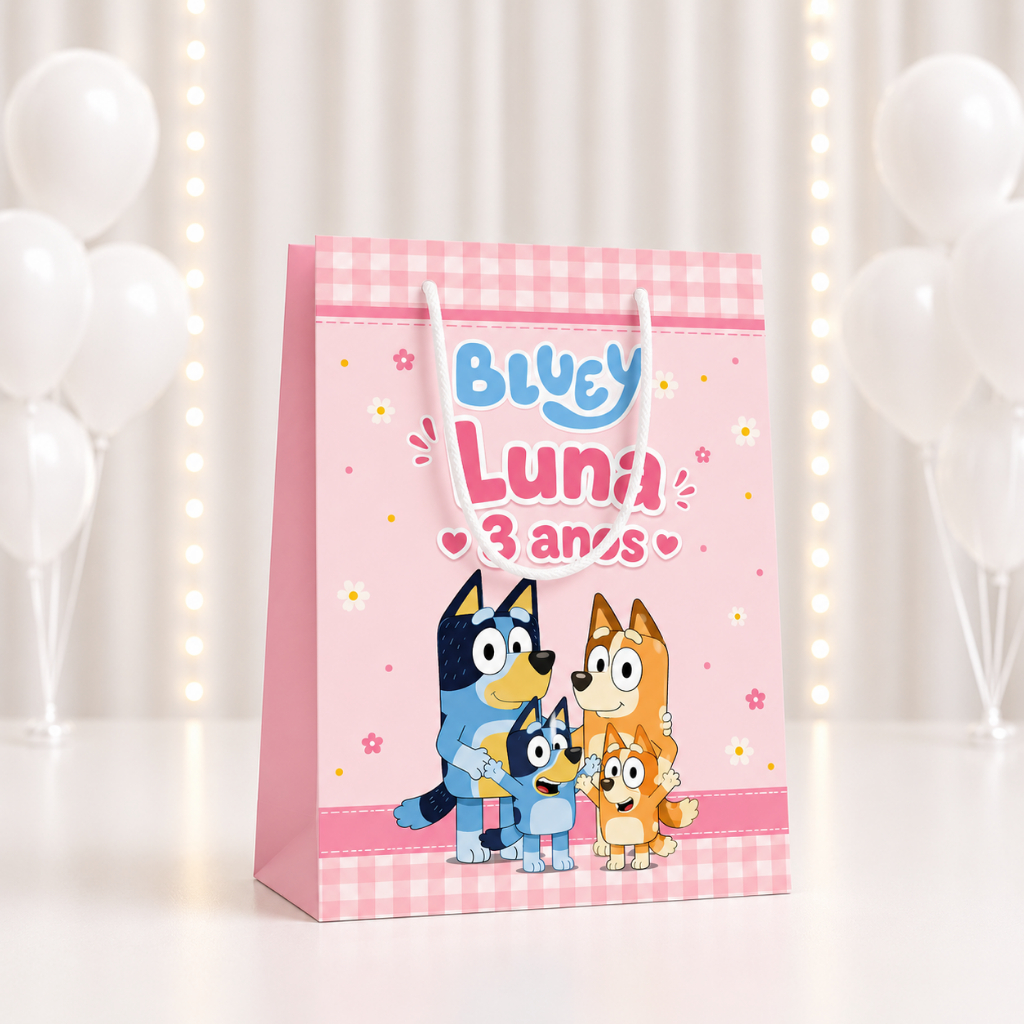 Sacolinha personalizada BLUEY ROSA - bluey e pingo= LEMBRACINHA FESTA/ SACOLINHA SURPRESA; PEGUE E MONTE