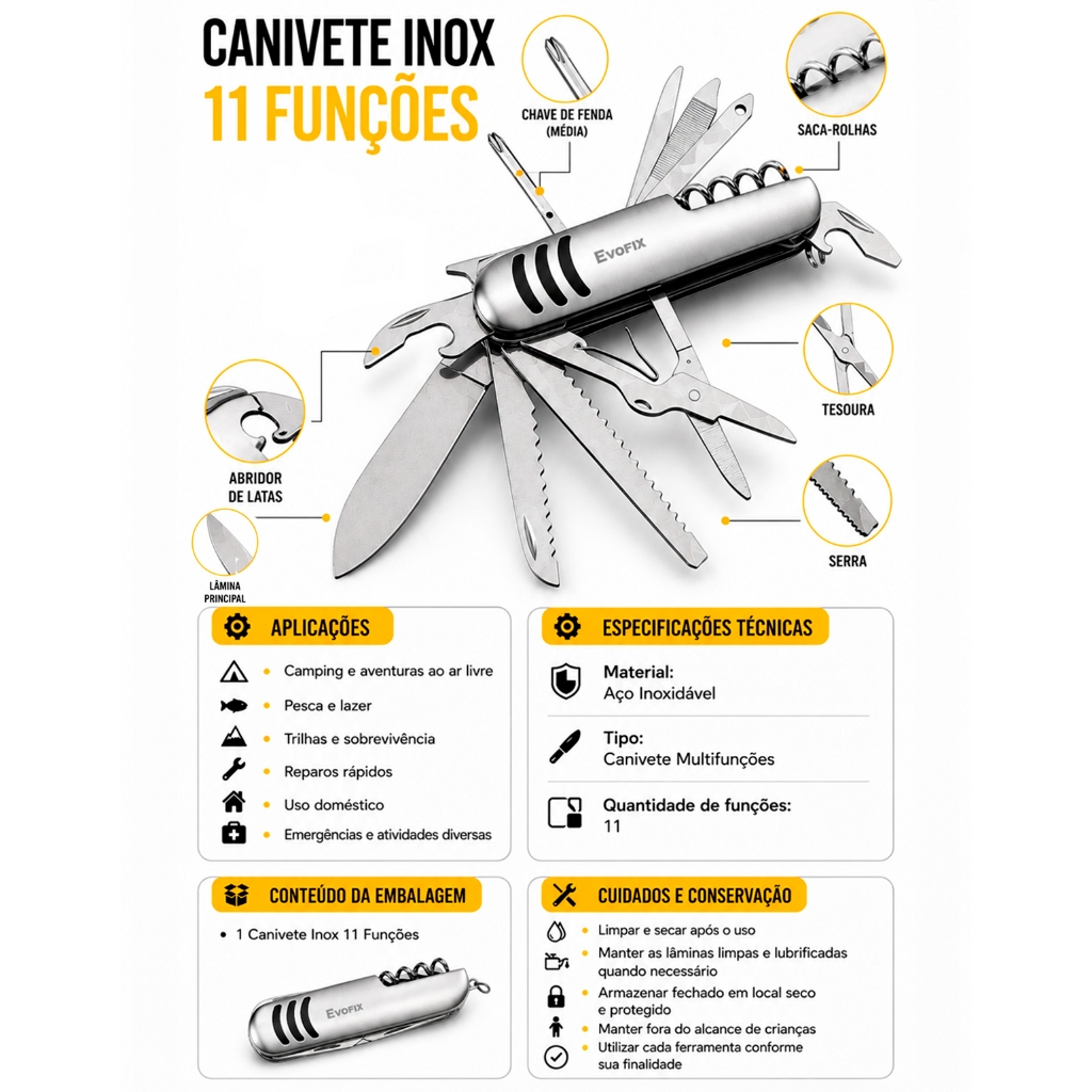 Canivete Inox Multifuncional 11 Funções Camping Pesca Suíço Chaveiro Compacto