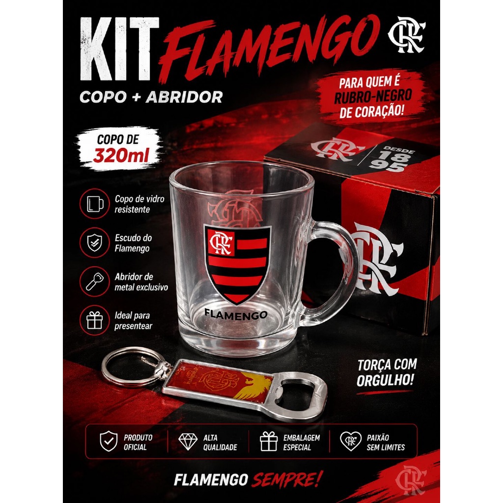 Kit Flamengo Copo de Vidro 320ml + Abridor Chaveiro | Presente para Torcedor Rubro-Negro