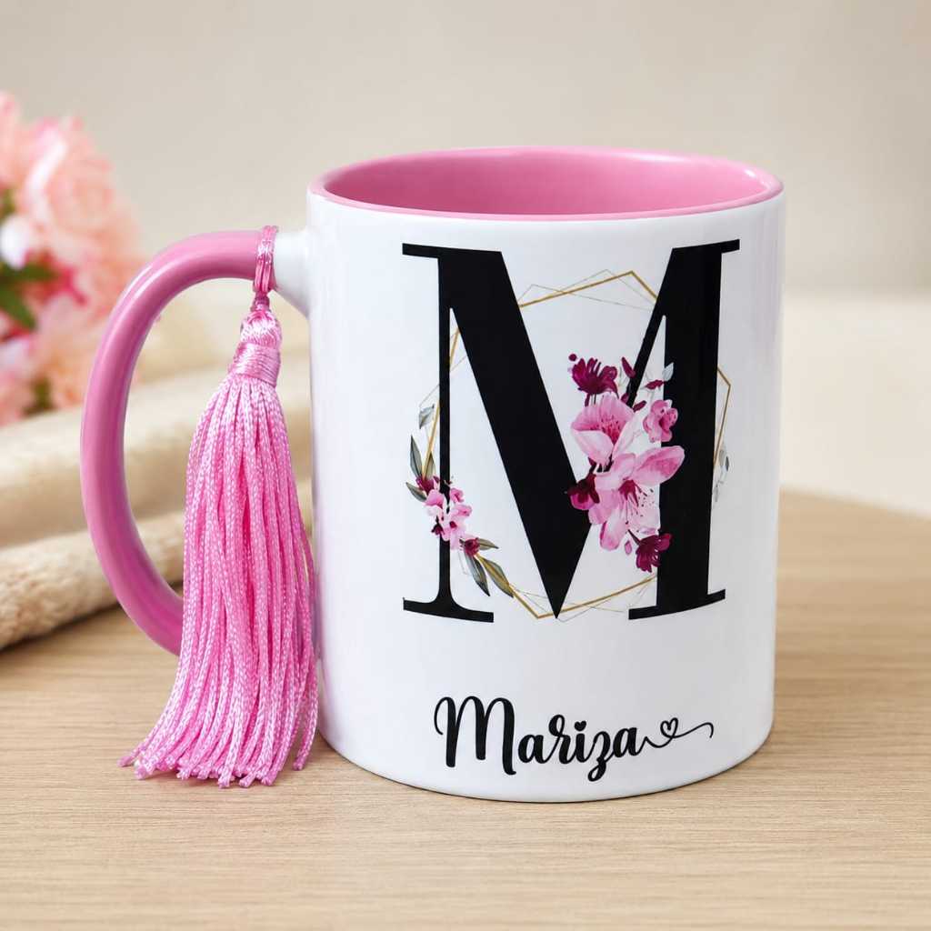 Caneca de Porcelana com Nome Floral Delicada Alto Brilho