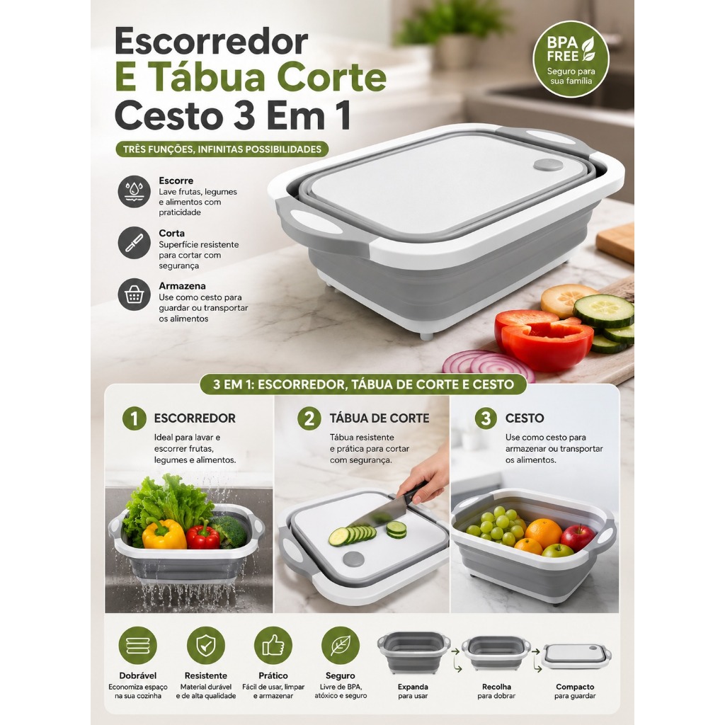 Tábua Bacia Escorredor Silicone Retrátil 3 Em 1 Multiuso Dobrável