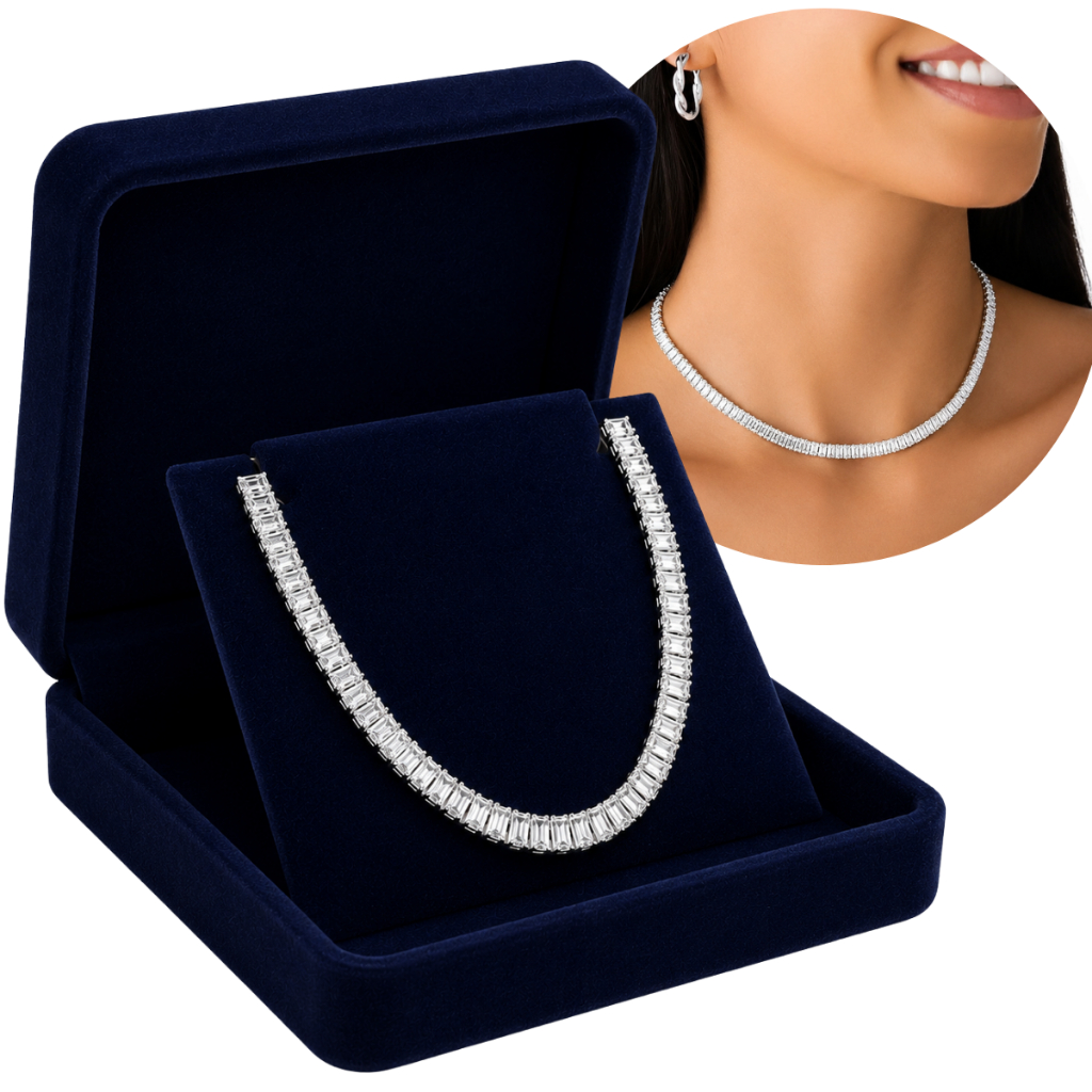 Colar Choker Gargantilha Riviera Baguete Cravejada Zircônia Folheada Prata 925 40cm Feminino