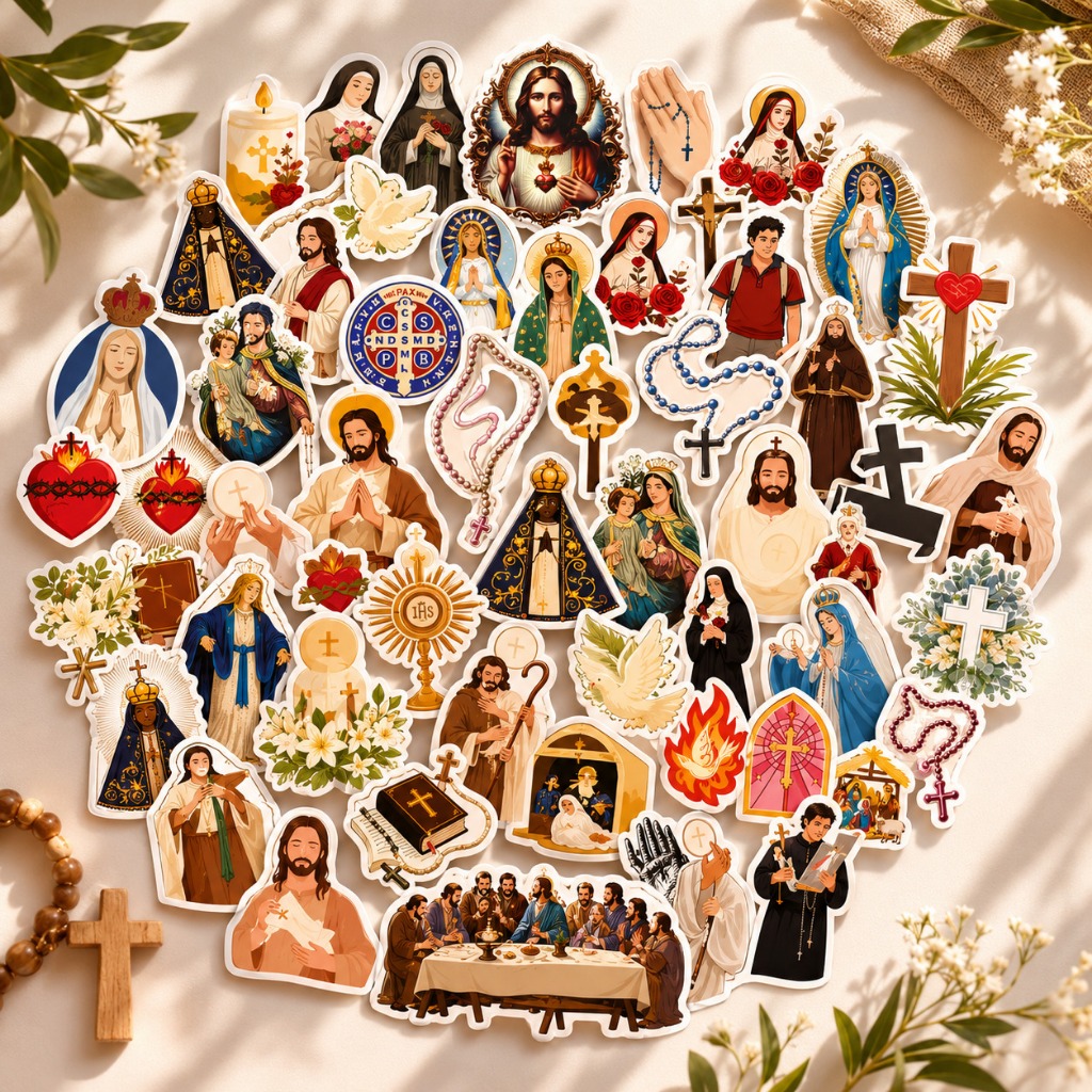 Cartela 70 Adesivos Católicos Religiosos Decorativo Jesus