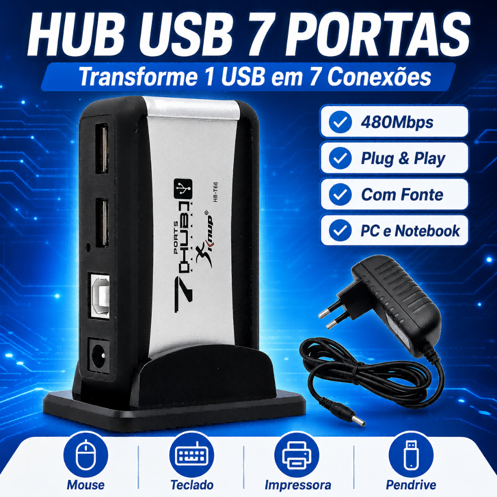 Hub Usb 2.0 Adaptador 7 Portas Pc Extensão Com Fonte Bivolt KUNP