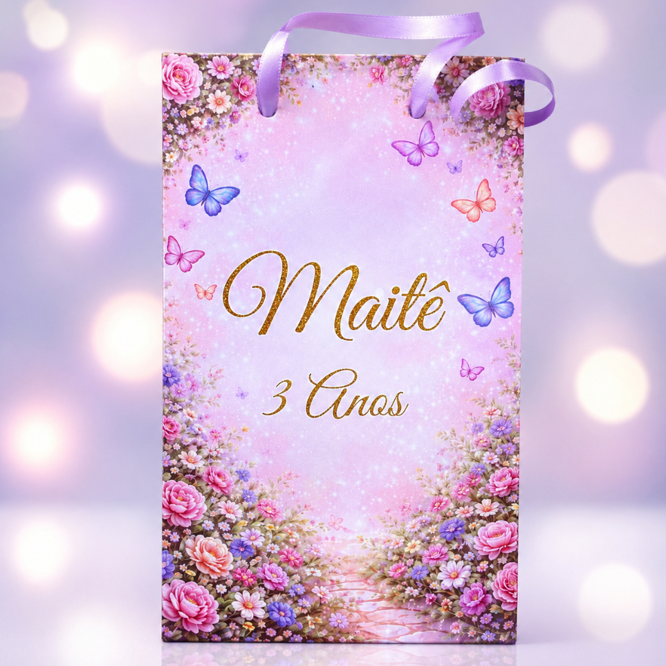 Kit Sacolinha Jardim das Borboletas Personalizada – 10 a 40 Unidades | Lembrancinha Aniversário Infantil Menina