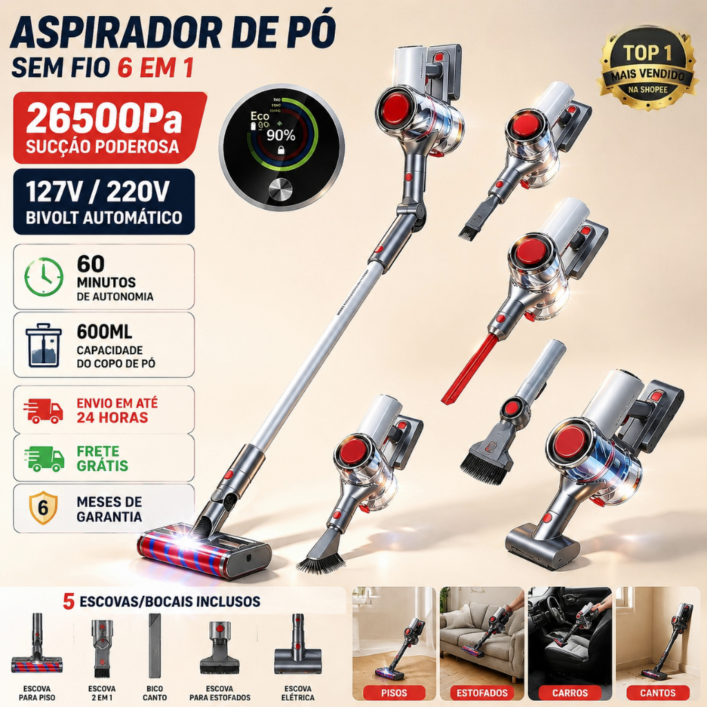 Aspirador Vertical 5 em 1 Redroad V17 26500Pa Bivolt, Aspirador de Pó Automotivo para Casa e Remoção …