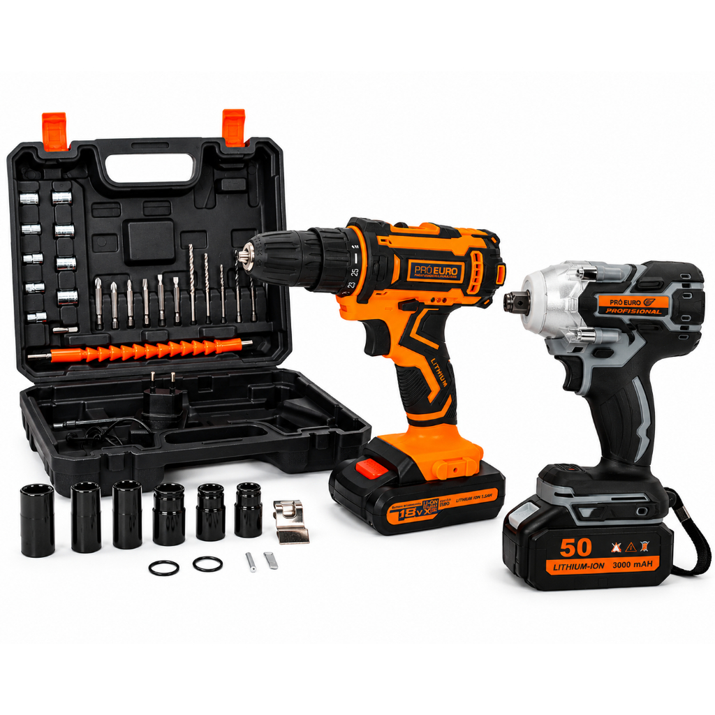 KIT Chave de Impacto 18V Brushless 300Nm + Parafusadeira Furadeira 12V Bivolt c/ Maleta Pró Euro