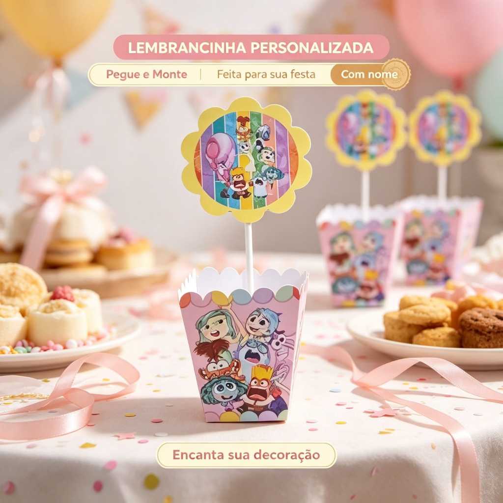 Centro de Mesa Cachepô Personalizado Divertidamente Festa Infantil, Lembrancinha Criativa, PEGUE E MONTE