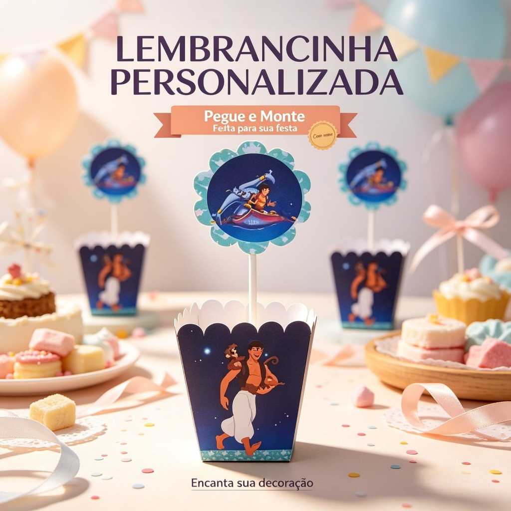 Centro de Mesa Cachepô Personalizado Aladdin Festa Infantil, Lembrancinha Criativa, PEGUE E MONTE