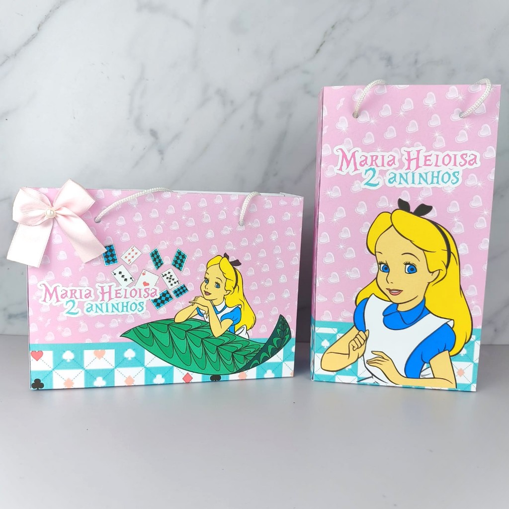 Sacolinha Alice no Pais das Maravilhas Personalizada PEGUE E MONTE - Lembrancinha de Aniversário