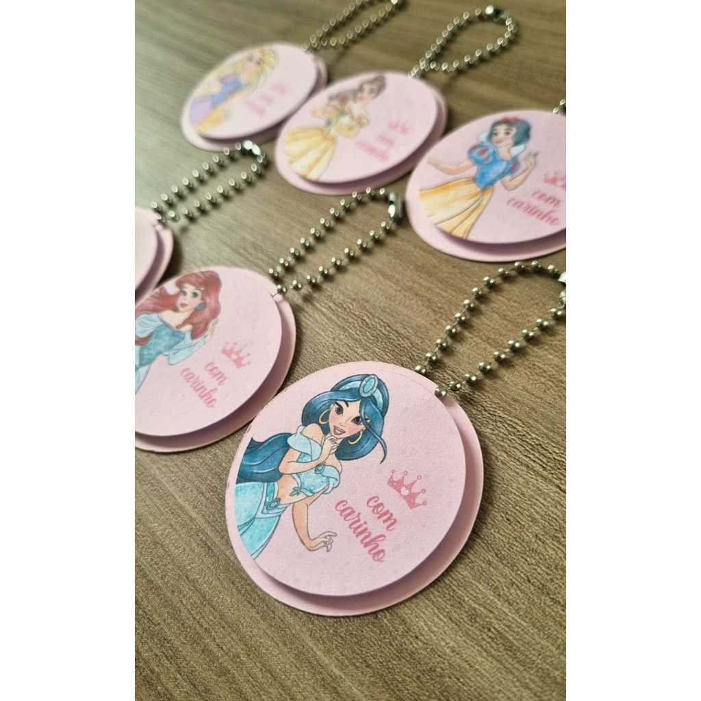 Kit 12 Tags Personalizadas Princesas Disney com Corrente | Lembrancinhas Premium para Festa Infantil