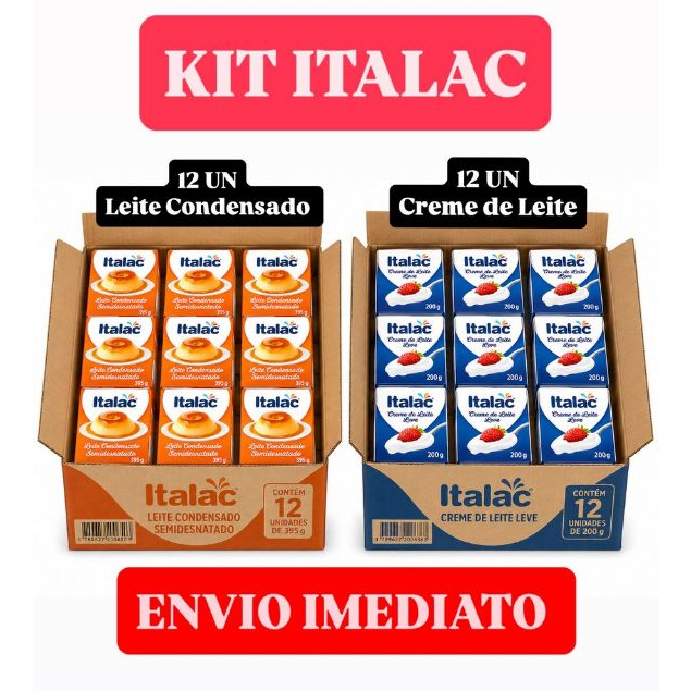 Kit Leite Condensado 12 un Atacado Italac e Creme de Leite 12 un Para Receitas Caseiras