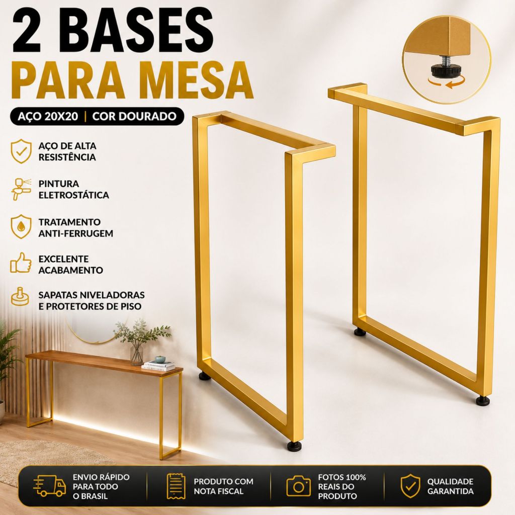 Kit 2 Pés de Mesa 75x68cm Para Mesa Jantar Escritório Aparador Dourado Com Sapatas Niveladoras