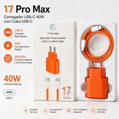 Carregador Turbo 40W USB-C com Cabo Tipo C 1M, Carregamento Rápido para iPhone 15/16/17/18