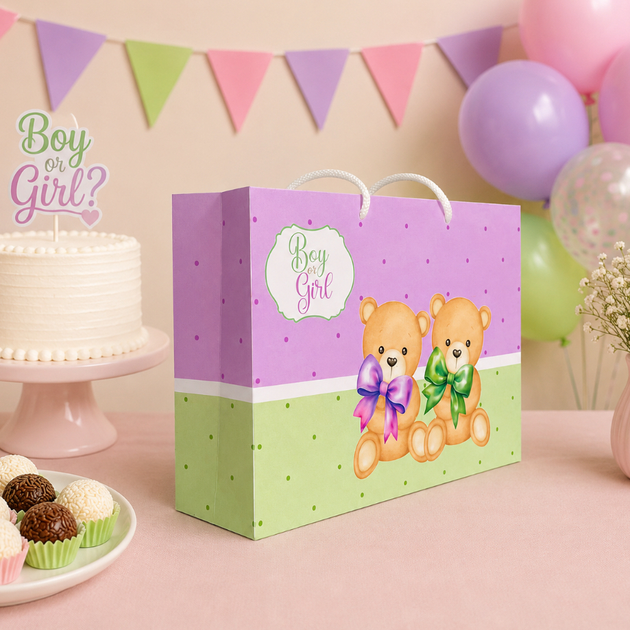 Kit Festa Sacolinha Personalizada Ursinho Verde e Lilás | Lembrancinha de Aniversário | Chá Revelação
