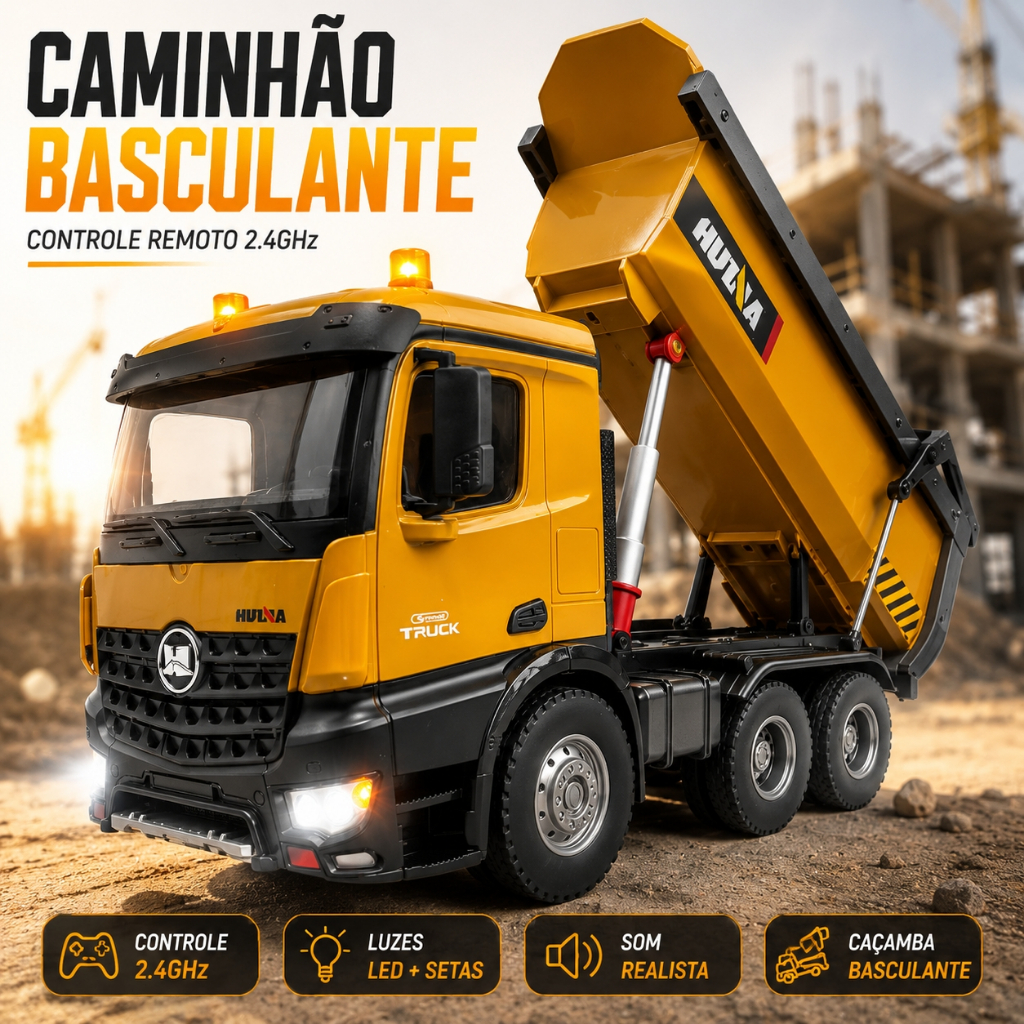Caminhão Basculante Controle Remoto 2.4GHz Luzes LED Setas Som Realista Caçamba Articulada