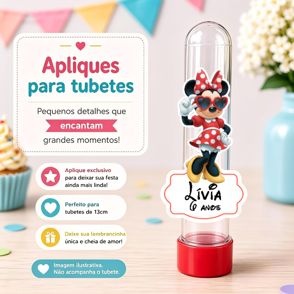 Tags Aplique para Tubete Personalizado Minnie Vermelha | Festa Infantil | Lembrancinha | Decoração de Mesa