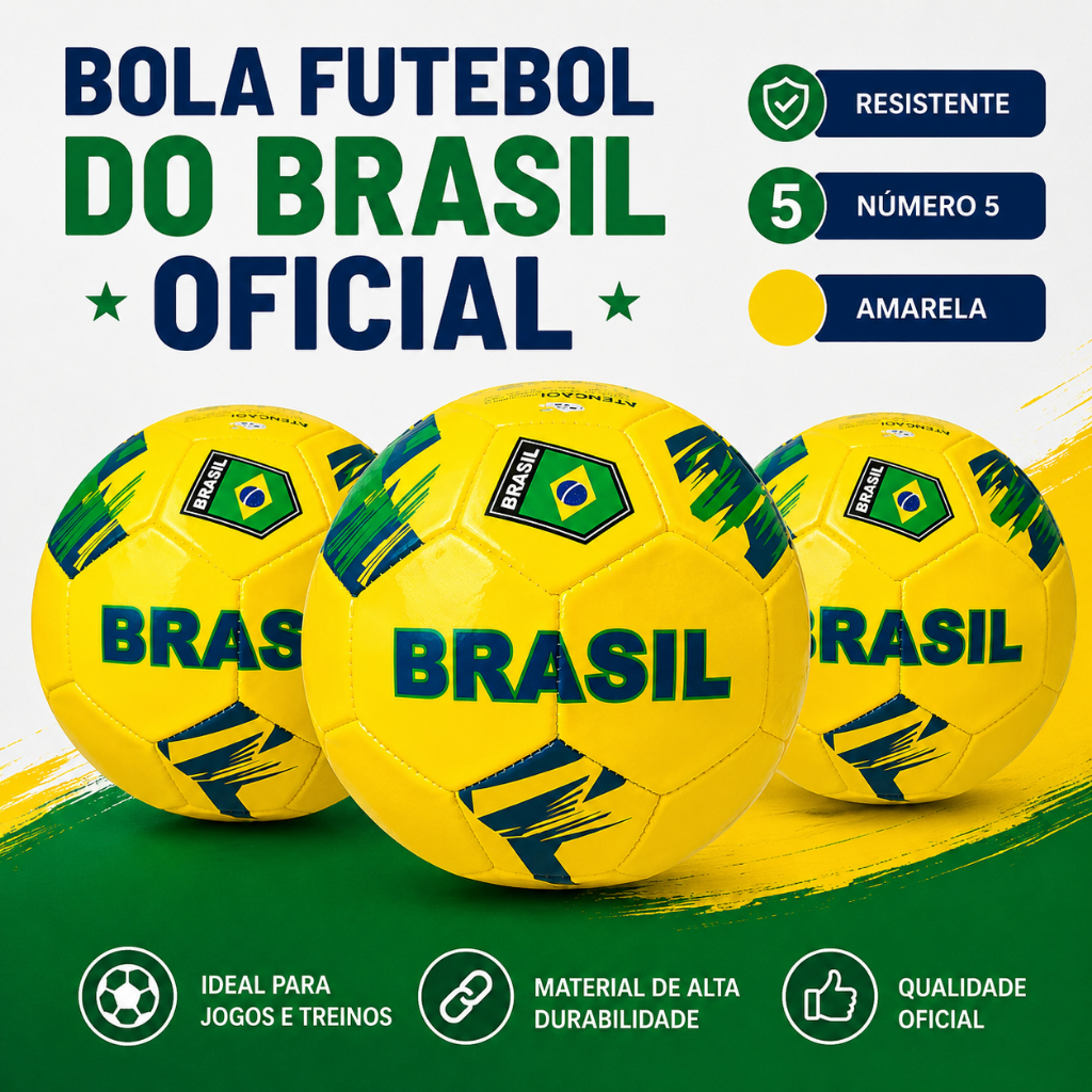 Bola de Futebol Campo Society Suíço Sintético Oficial N5 Verde Amarela Brasil Kits 3, 2 e 1 Unidades