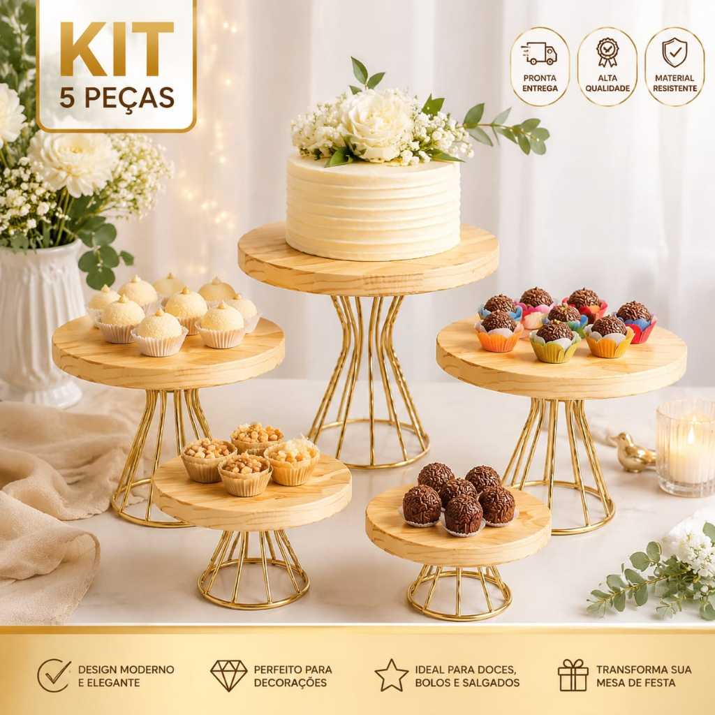 Kit Decoração 5 Boleiras Doceiras em Ferro Com Madeira p/ Decoração de Festas
