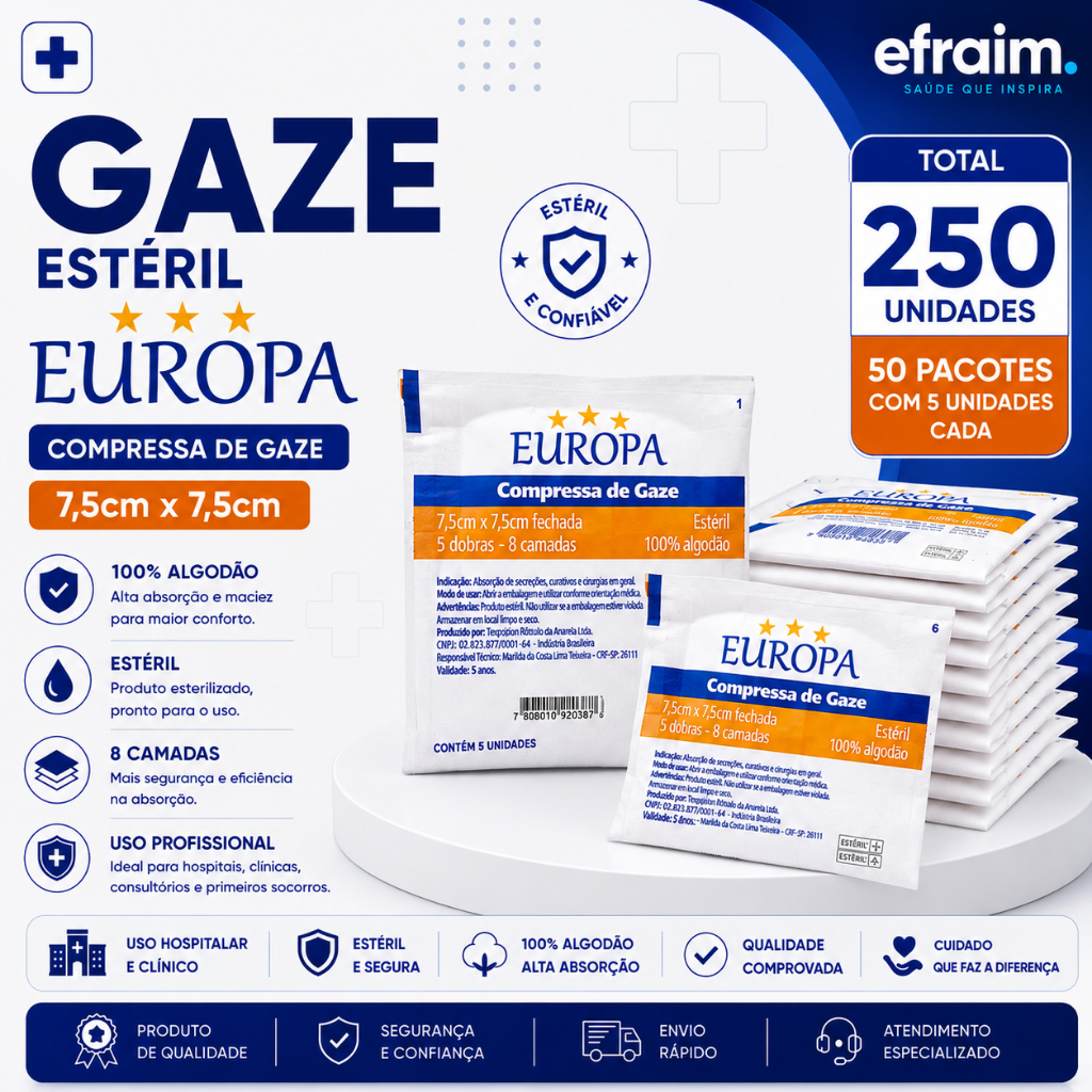 Kit 50 Pacotes de Gaze Estéril - Total de 250 Unidades Para Curativo