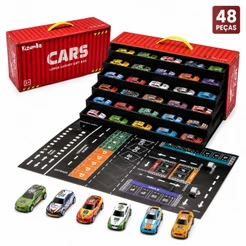 Kit 48 Mini Carrinhos Infantil Colecionador Educativos Com Pista Container Vermelho Metálico Kizumba