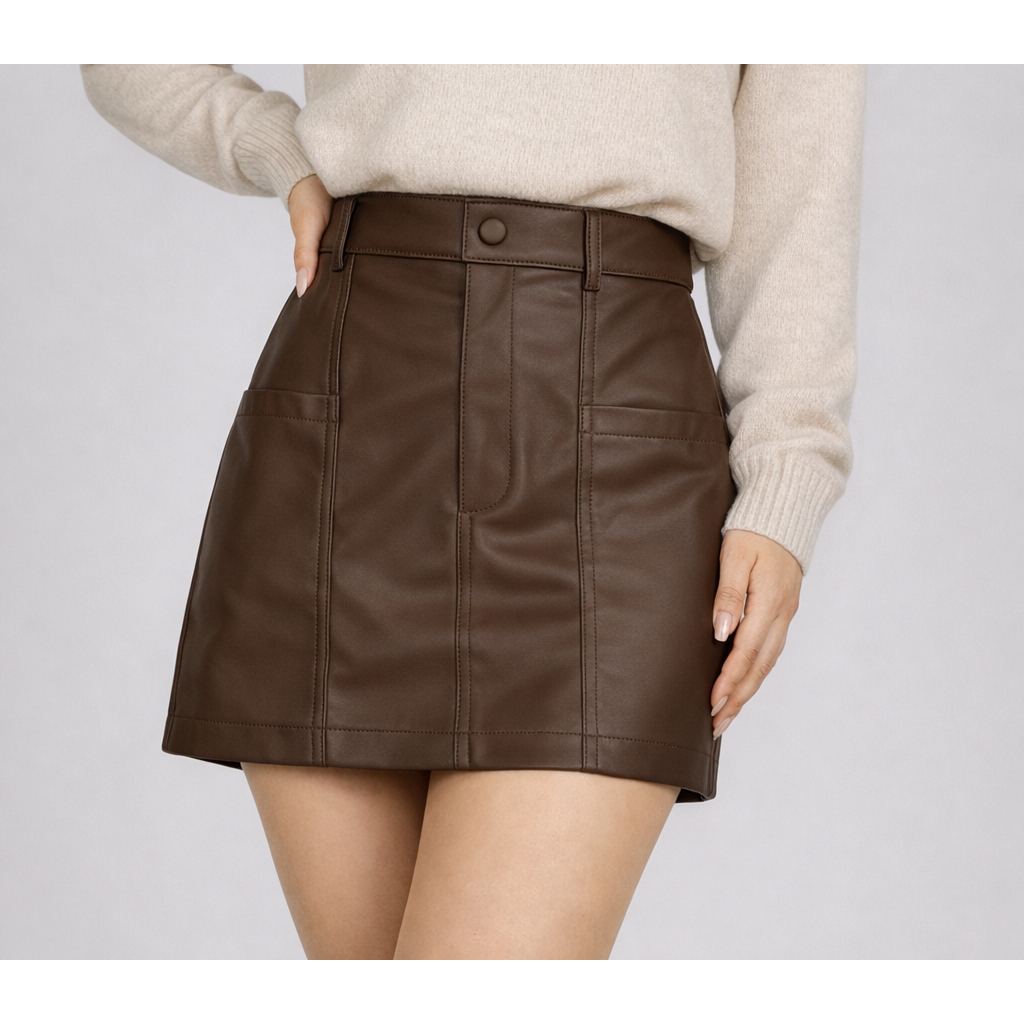 SAIA FEMININA COM BOLSOS COURO SINTÉTICO