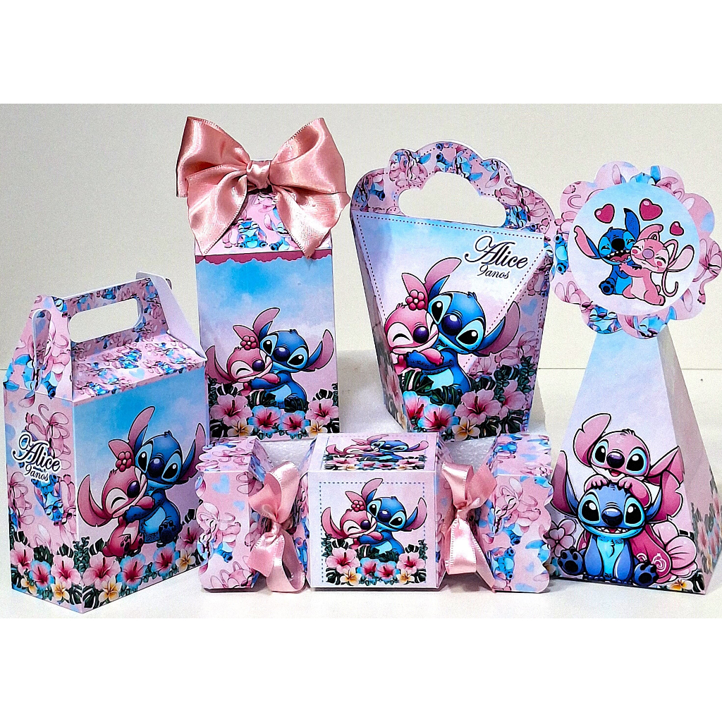 Kit Lembrancinhas Personalizadas Stitch Angel Rosa Caixas Caixinhas para Festa