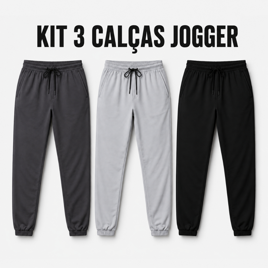 Kit 3 Calças Masculina Tactel com Elastano para Treino Esportivo e Corrida Estilo Jogger Bolso Leve