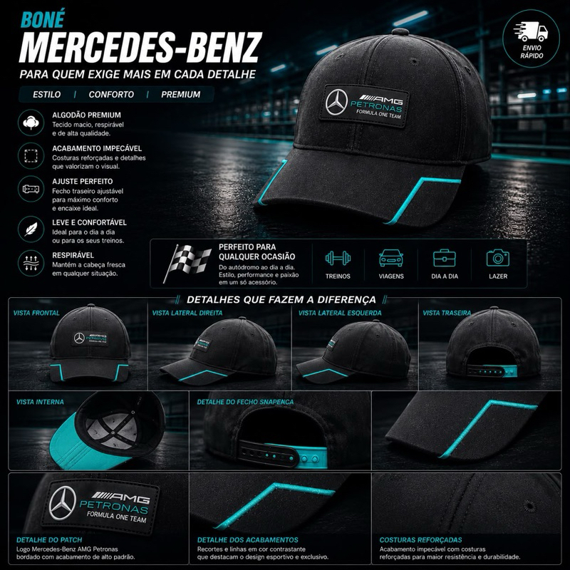 BONÉ MERCEDES-BENZ AMG FÓRMULA ONE TEAM PRETO COM DETALHES EM VERDE E SÍMBOLO EMBORRACHADO