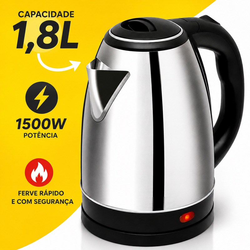 Chaleira Elétrica Inox 1,8L 1500W | Ferve Água Rápido | Desligamento Automático