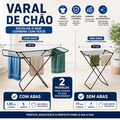 Varal de Chão Dobrável Grande 1,35m Aço com Abas ou Sem Abas Roupa Apartamento