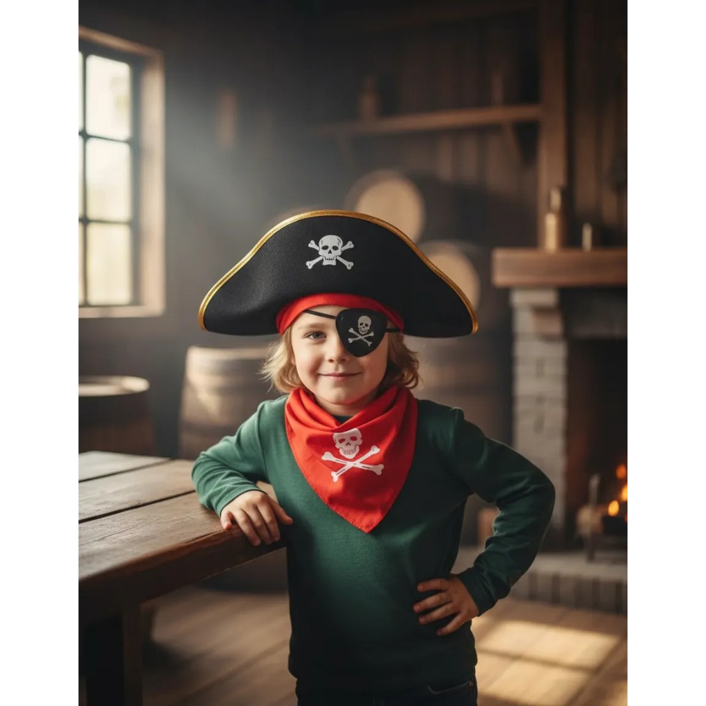 Kit 4pçs Fantasia Pirata Chapéu Infantil Tapa Olho Brinco Bandana Carnaval