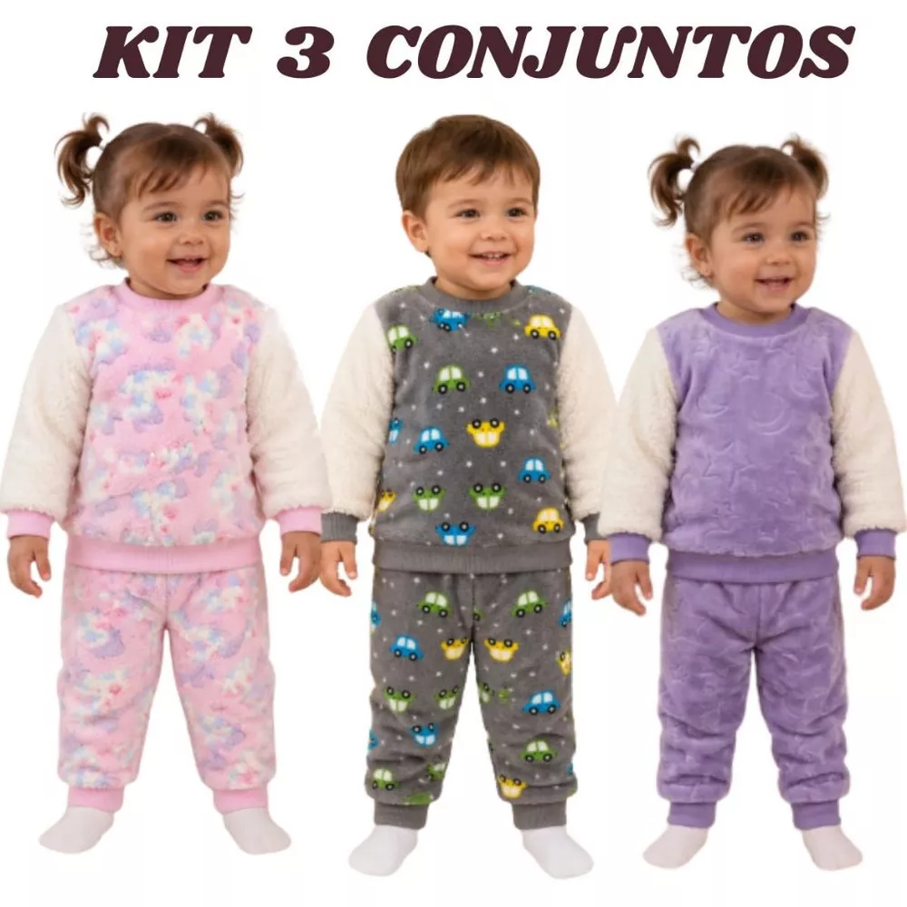 Kit 3 ou 1 Pijama Infantil Inverno Fleece Bebê Menino Menina Soft Quentinho Blusa e Calça 6 a 2 anos