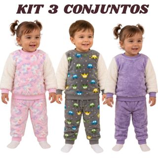Kit 3 ou 1 Pijama Infantil Inverno Fleece Bebê Menino Menina Soft Quentinho Blusa e Calça 6 a 2 anos