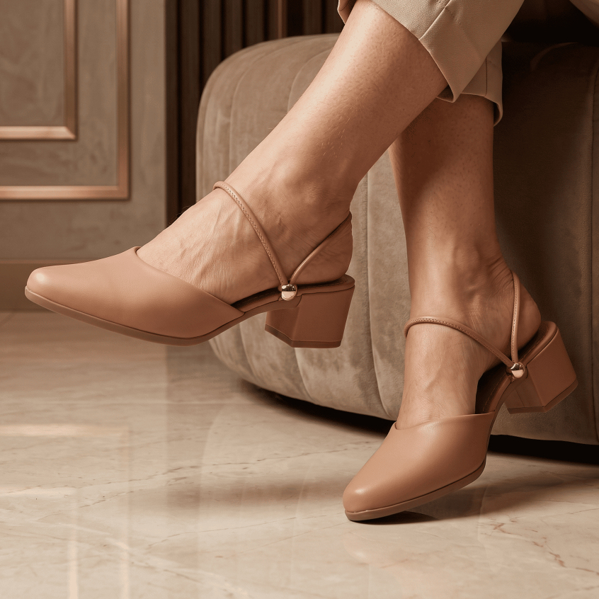 Mule Feminino Bico Fino Salto Baixo Sapato Feminino Confortável Slingback Nude Salto Bloco