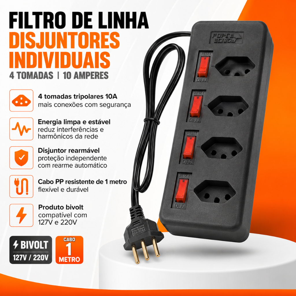 Régua Filtro de linha com 4 tomadas 10 Amperes bivolt 110v 220v com disjuntores rearmáveis preto