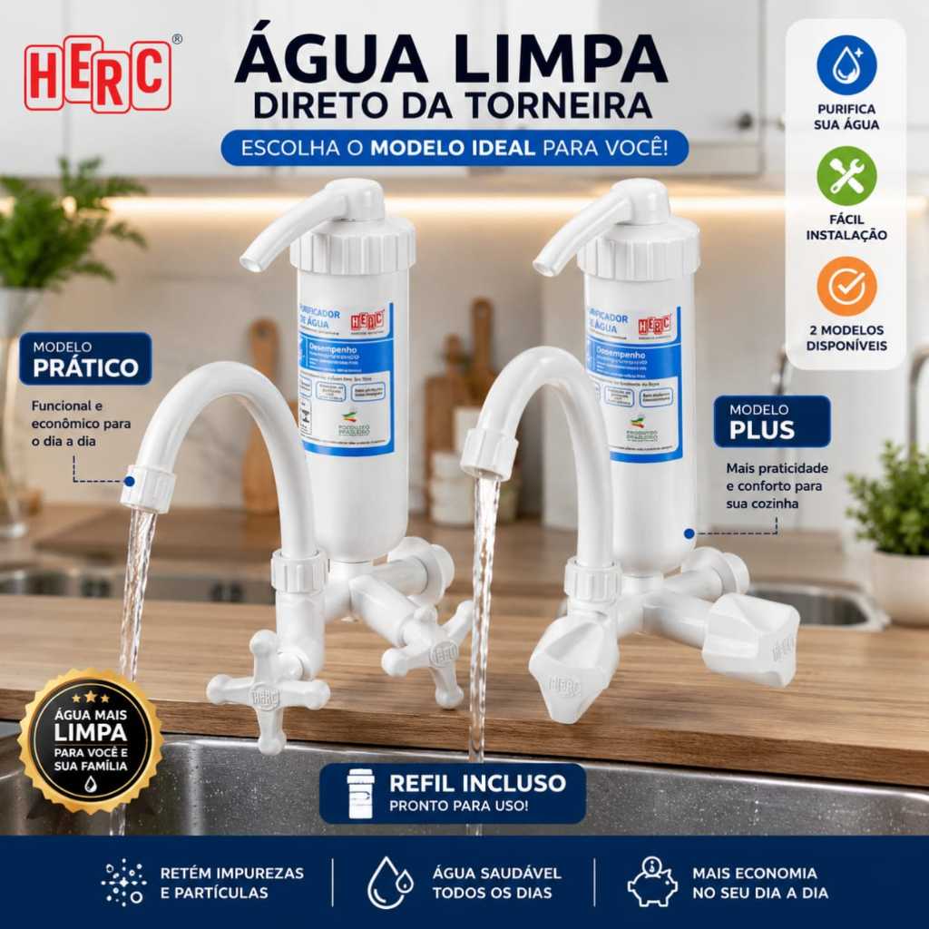 Torneira Com Filtro Purificador De Água Herc Parede Prático Plus - Refil Incluso