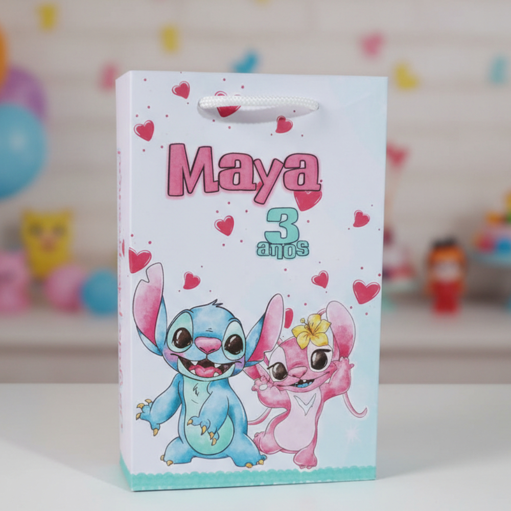 Sacolinha Stitch e Angel Personalizada Pegue e Monte | Sacolinha Surpresa Lembrancinha Festa Infantil