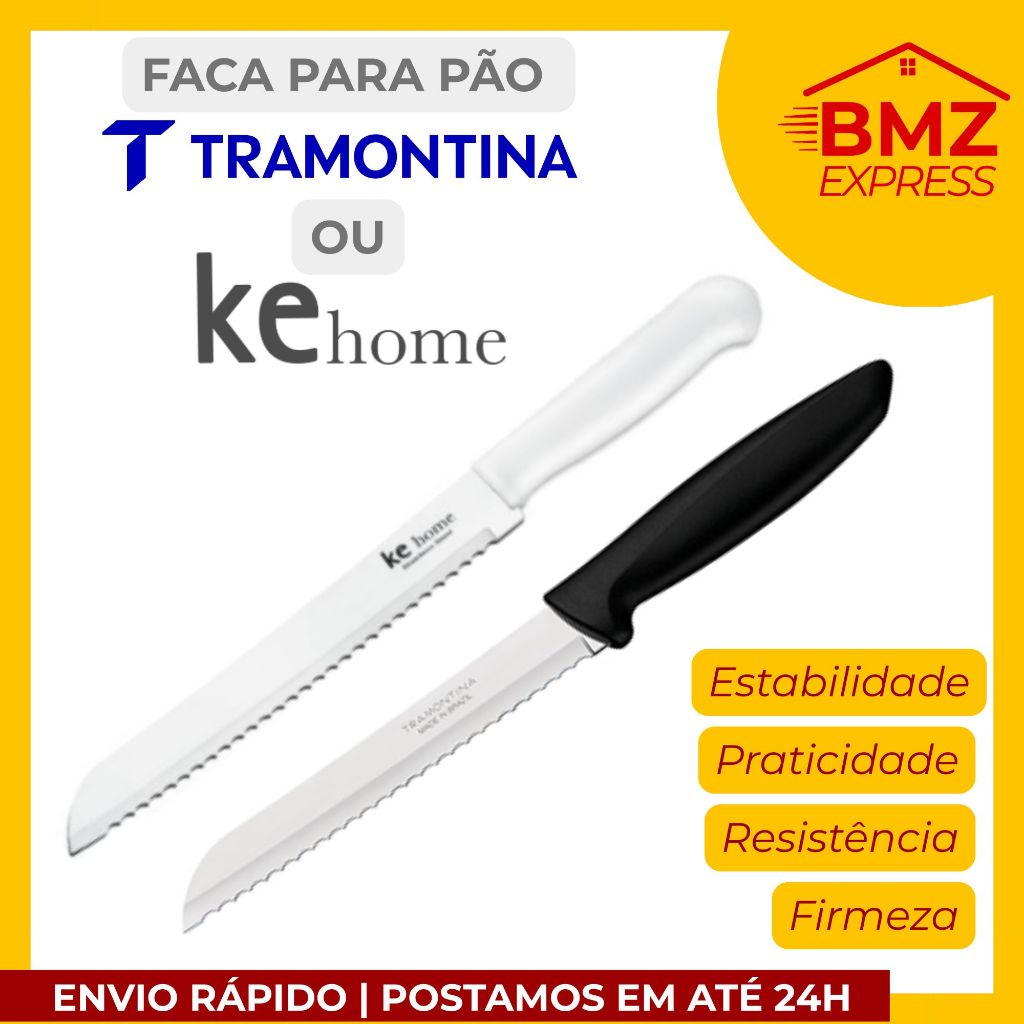 Faca para Pão Tramontina ou KeHome Lâmina em Aço Inox preto/branco - tamanho 7 e 8" - corte perfeito