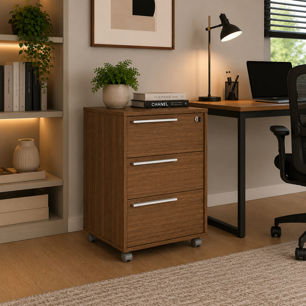 Gaveteiro Organizador 3 gavetas com chave e rodízios de mesa consultório salão escritório Avelã Madeirado 75cm