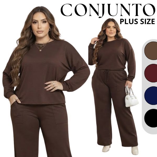 Conjunto Moletinho Plus Size Feminino Pantalona e Blusa Manga Longa G1 & G2 Premium Conforto Casual Elegante Inverno