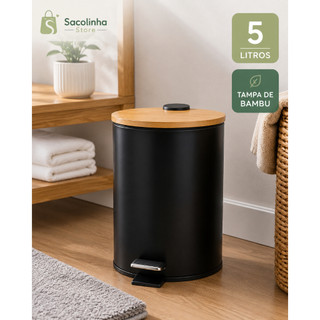 Lixeira com Pedal 5L Preta Tampa de Bambu Metal para Banheiro Lavabo Cozinha