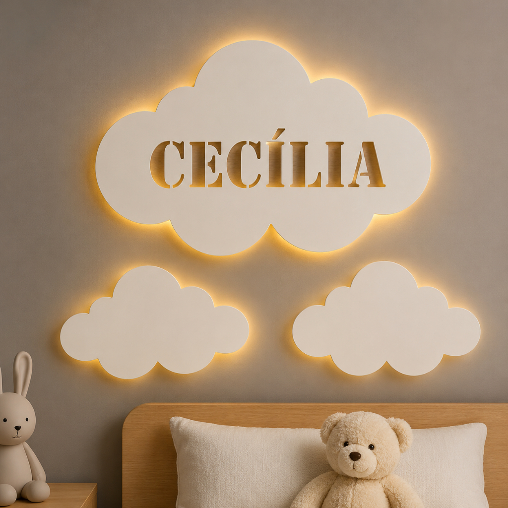 Kit 3 Nuvens Nome Personalizado Luminária LED Parede MDF Decoração Quarto Bebê Infantil Menino Menina Porta Maternidade