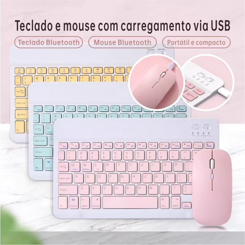 Teclado e mouse sem fio Compatível com tablet，Notebook e celular, Recarregável e 150h de Bateria