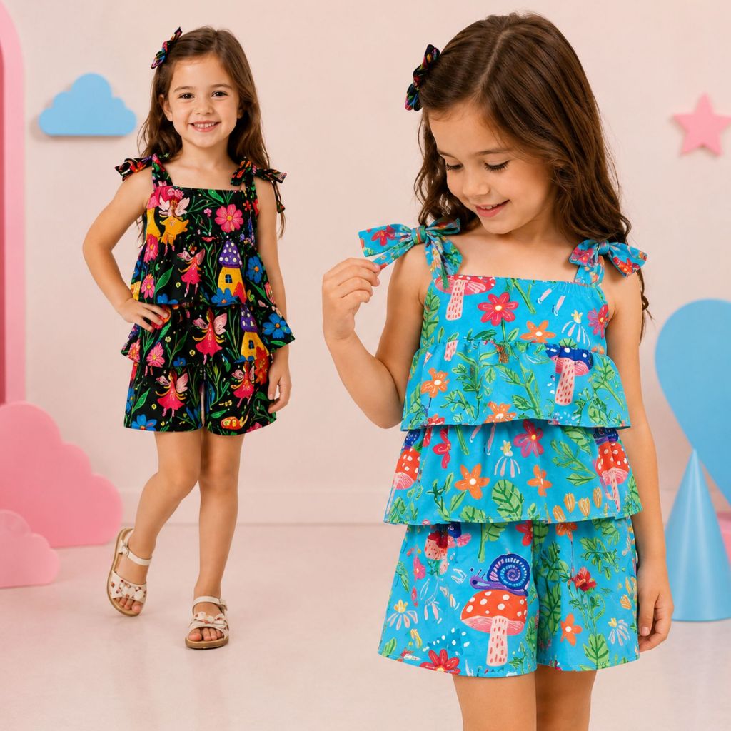 Conjunto Infantil Feminino Babado Duplo Short Estampado 2 a 10 Anos Conjuntinho Para Meninas Kids