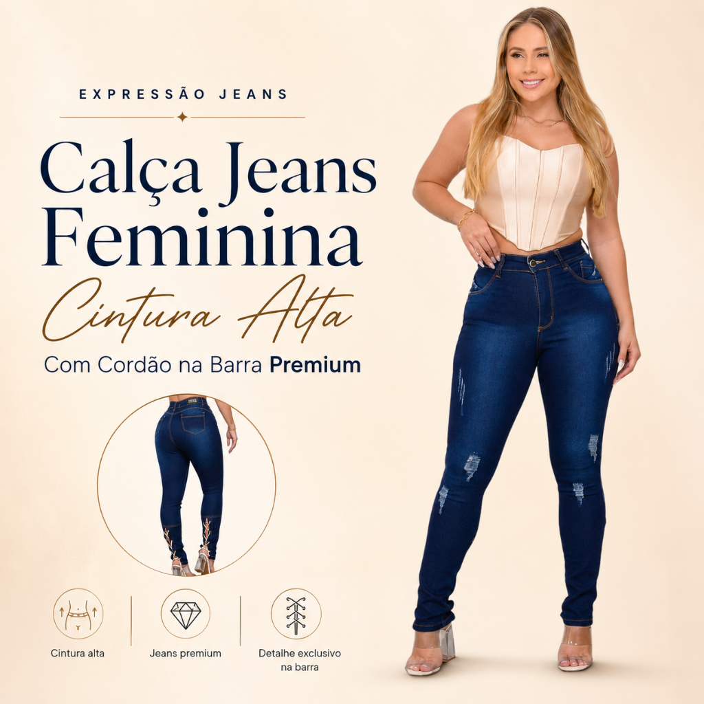Calça feminina jeans cintura alta com cordão na barra premium