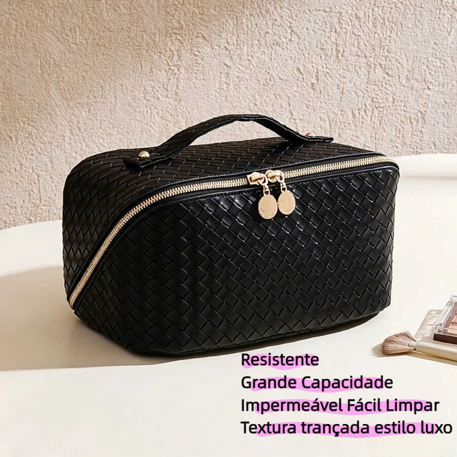 Bolsa Organizadora de Maquiagem Feminina Necessaire Couro Sintético Trançado Viagem Alça Mão Grande Espaço Impermeável