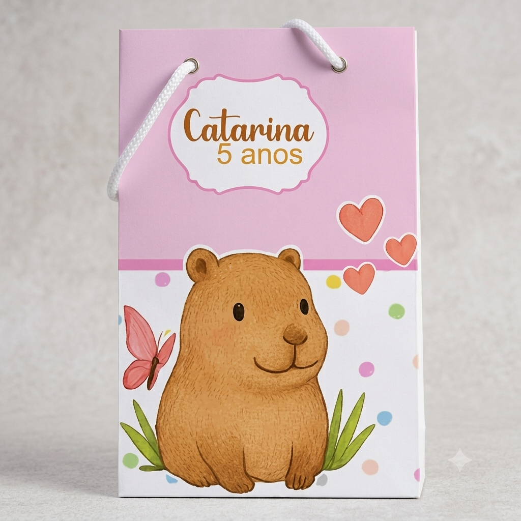 Sacolinha Surpresa Capivara Rosa Personalizada com Nome | Lembrancinha Festa Infantil | Pegue e Monte